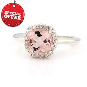 Natural  7mm  Antique Square  Cushion Pink  Morganite  Solid 14K White Gold Diamond engagement  Halo Ring - With  European Shank --Gem882