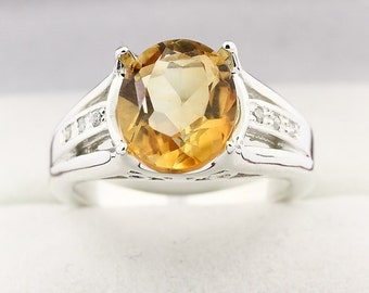 Natural Yellow Citrine Solid 14K White Gold Diamond Ring