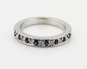 14k White Gold  Natural Diamond & Blue sapphires Anniversary Milgrain Wedding Band Ring