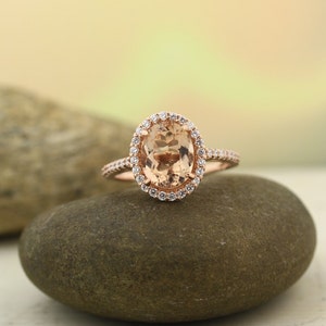 Natural AAA Morganite Ring Set, Diamond Halo Morganite Engagement Ring Set, 14k Roes gold, 10x8mm Oval gemstone - Gem1289