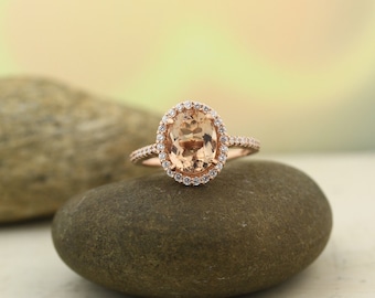 Natural AAA Morganite Ring Set, Diamond Halo Morganite Engagement Ring Set, 14k Roes gold, 10x8mm Oval gemstone - Gem1289