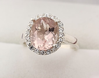 Natural  Oval 10x8mm Morganite  Solid 14K White Gold Diamond Engagement Halo Ring