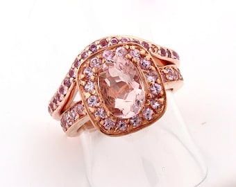 Natural AAA  Morganite Solid 14K Rose Gold pink sapphire engagement Bridal Ring set