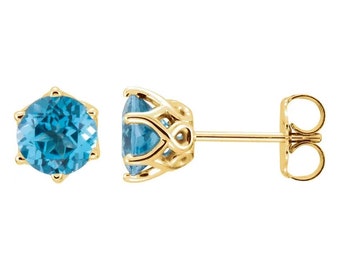 Solid 14K Yellow Natural Gemstone Crown Stud Earrings(Citrine, Swiss Blue Topaz,Garnet,Amethyst )