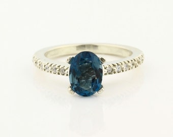 Natural London Blue Topaz Solid 14K White Gold Diamond Ring