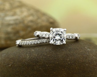 7mm cushion cut Forever Brilliant Moissanite 14K White Gold Engagement Ring set - ST233223