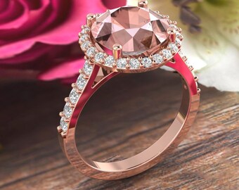 9mm Round Pink Morganite  14K Rose Gold Diamond engagement  Halo Ring set- Gem1621