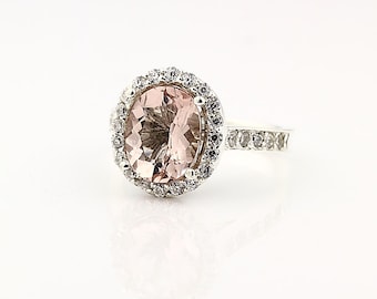 Natural Facet Cut Morganite  Solid 14K White Gold Diamond engagement Ring