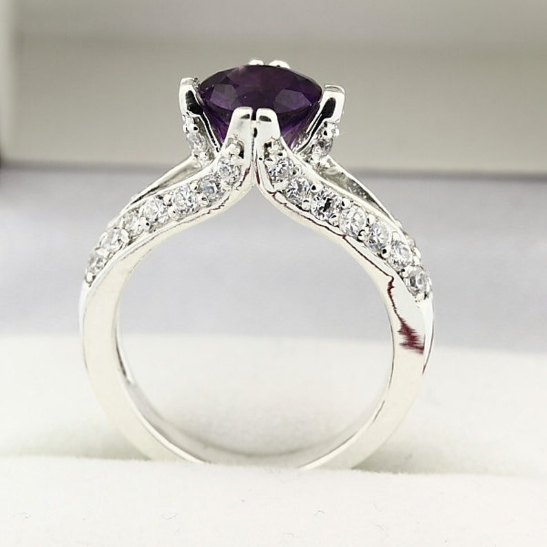 Natural VS purple Amethyst Solid 14K White Gold Diamond Ring image 1