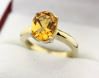 Natural Yellow Citrine Solid 14K Yellow Gold Solitaire Ring