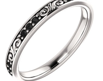 Stackable Eternity Band ,Floral Sculptural AAAA Black Diamond Full Eternity Band Ring in 14k Gold  ST233645