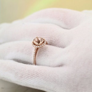 Natural Morganite Ring Set, Diamond Halo Morganite Engagement Ring in 14k Roes gold, 7mm gemstone - Gem1203 image 7