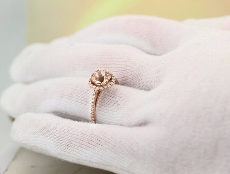 Natural Morganite Ring Set, Diamond Halo Morganite Engagement Ring in 14k Roes gold, 7mm gemstone - Gem1203 image 7