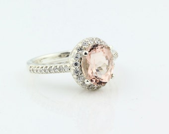 Natural Morganite Solid 14K White Gold Diamond engagement  Halo Ring-antique Style - Gem748