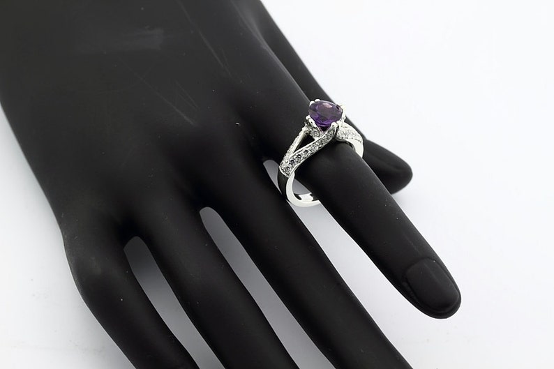 Natural VS purple Amethyst Solid 14K White Gold Diamond Ring image 5