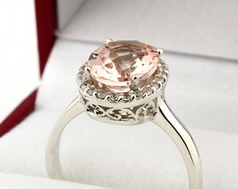 Natural AAA Checkerboard  Cut Oval 10x8mm Pink Morganite  14K White Gold Diamond engagement  Halo Ring with floral Pattern- Gem919
