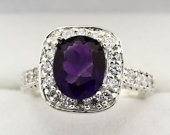 Natural purple Amethyst Solid 14K White Gold Diamond Ring--Antique