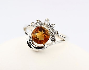 7MM  Natural Yellow Citrine Solid 14K White Gold  Diamond Ring