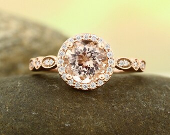 Art deco Milgrain  Bridal Set Fancy AAA  Morganite Engagement ring in 14k Rose Gold