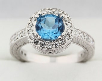 Natural Swiss Blue Topaz Solid 14K White Gold Antique Ring