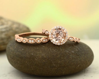 Art deco Milgrain  Bridal Set Fancy AAA  Morganite Engagement Set 14K Rose Gold Wedding Set(Other metals & stone options available) Gem1160