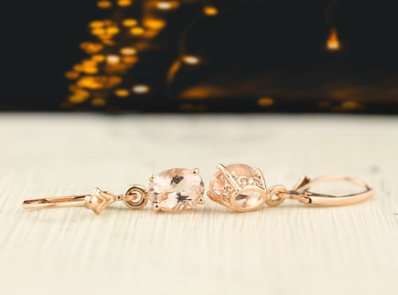 Solid 14k Rose Gold Morganite Dangle Lever Back Earrings Etsy
