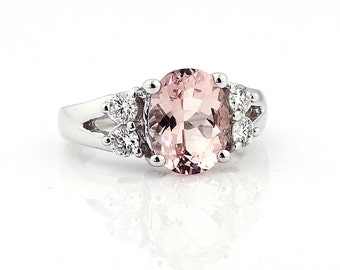 Natural Faceted cut Morganite (Pink Emerald)  Solid 14K White Gold Diamond engagement Ring