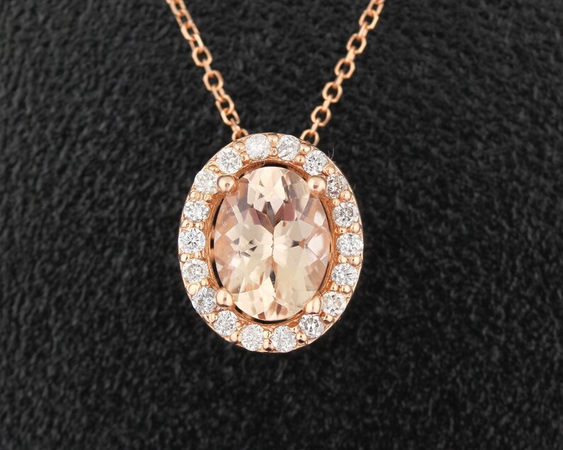 10k Rose Gold Diamond Morganite Halo Style Pendant Necklace | Etsy
