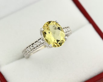 Natural 10x8mm Yellow  Beryl Solid 14K White Gold Diamond engagement Ring-antique style