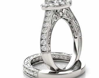 1/2 ct Forever One (GHI) Moissanite Solid 14k white gold Antique Style Engagement Ring Set - Ov61767-1417-1327