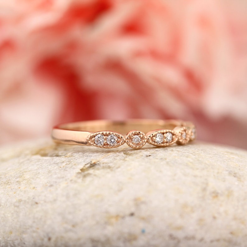 Art Deco Antique Style Diamond Milgrain 14K White/Yellow/Rose Gold half Eternity Wedding Band Ring Anniversary Ring, Gem924 image 2