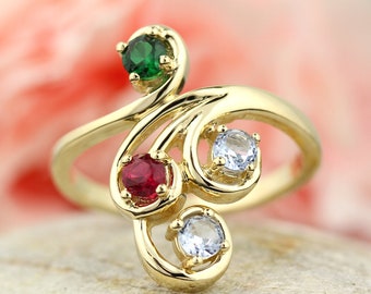 3 or 4 Birthstones Mother's Ring in Solid 10k, 14k White, Yellow , Rose Gold  or Sterling Silver Custom Family Ring ST82581