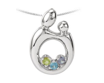 Mother and Child Birthstone Pendant Necklace In Sterling Silver 1-6 Stones. Gift Idea for Mom, Grandma, Mothers Day
