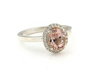 1.10 ct 8x6 mm Natural Oval Fancy Color  Morganite  Solid 14K White Gold Diamond Engagement Halo  Ring-Gem952