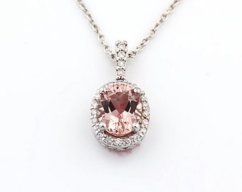 Natural Oval Pink  Morganite   Solid 14K White Gold Halo  Diamond pendant with 18" Cable chain P133 Holiday Promotions