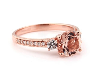 Natural AAA 8mm Round  Pink Morganite  Solid 14K Rose Gold Diamond engagement  Ring - Gem958