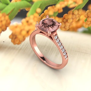 8mm Round Morganite  & Diamond Cathedral  Style Engagement Ring In 14k Rose Gold
