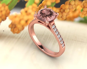 8mm Round Morganite  & Diamond Cathedral  Style Engagement Ring In 14k Rose Gold