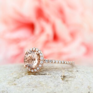 Natural Morganite Ring Set, Diamond Halo Morganite Engagement Ring in 14k Roes gold, 7mm gemstone - Gem1203 image 6