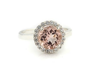 8mm Round 1.80 ct Natural  Morganite Solid 14K White Gold Diamond Engagement Ring - Gem917