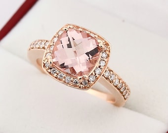 Natural 9x9mm Cushion shape checkerboard cut Morganite Solid 14K Rose Gold Diamond engagement Ring