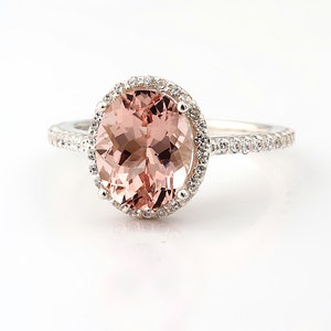 Natural AAA Fancy Pink Morganite  Solid 14K White Gold Diamond engagement  Halo Ring - Gem824