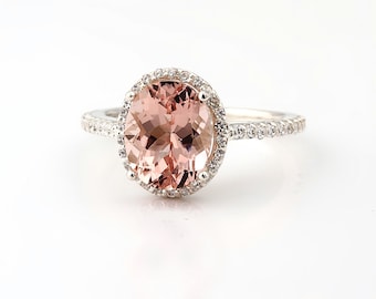 Natural AAA Fancy Pink Morganite  Solid 14K White Gold Diamond engagement  Halo Ring - Gem824