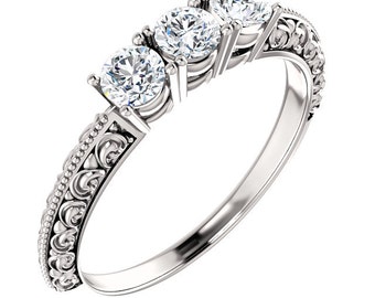 1 ct 3 Stone Forever One (GHI) Moissanite Solid 14K White Gold Vintage  Floral Ring - ST233862