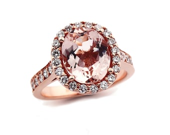 Natural Facet Cut Morganite  Solid 14K Rose Gold Diamond engagement Ring Gem785