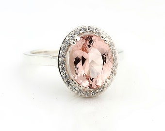 Natural AAA 10x8mm Pink Morganite  Solid 14K White Gold Diamond engagement  Halo Ring - Gem829