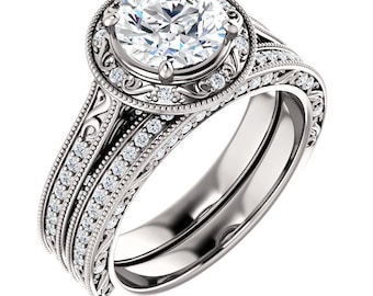 Certified Forever Brilliant Moissanite 14K White Gold Diamond ANTIQUE style Engagement Set-ST234149 (Other metals & stone options available)