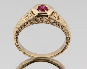 Vintage Solid 14k Yellow gold Lab Created Ruby Ring