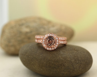 AAA Morganite  and Diamond Halo wedding Ring Set In 14k Rose Gold, 7mm Round  - Gem1291