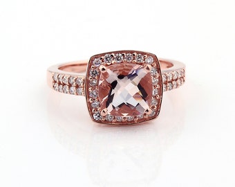 Natural AAA  Cushion (checkerboard cut ) Morganite Solid 14K Rose Gold Diamond engagement Ring